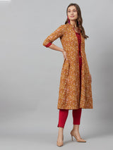 Mustard Floral Print Kantha Work A-Line Jacket - Elganza