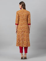 Mustard Floral Print Kantha Work A-Line Jacket - Elganza