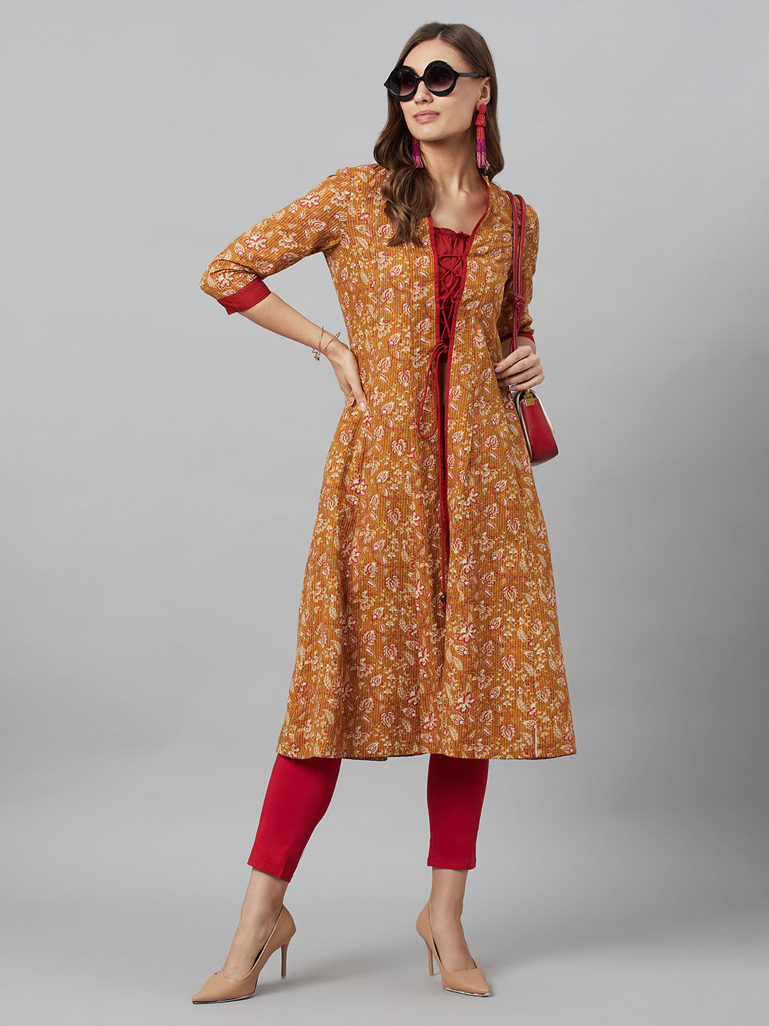 Mustard Floral Print Kantha Work A-Line Jacket - Elganza