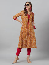 Mustard Floral Print Kantha Work A-Line Jacket - Elganza