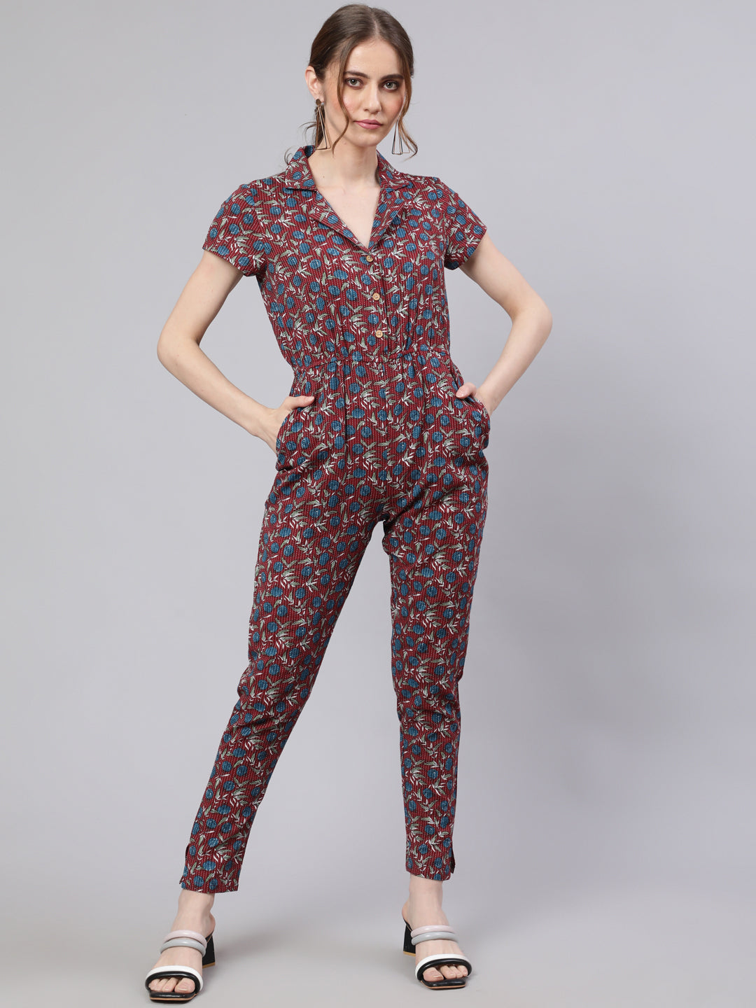 Maroon Kantha Work Jumpsuit - Elganza