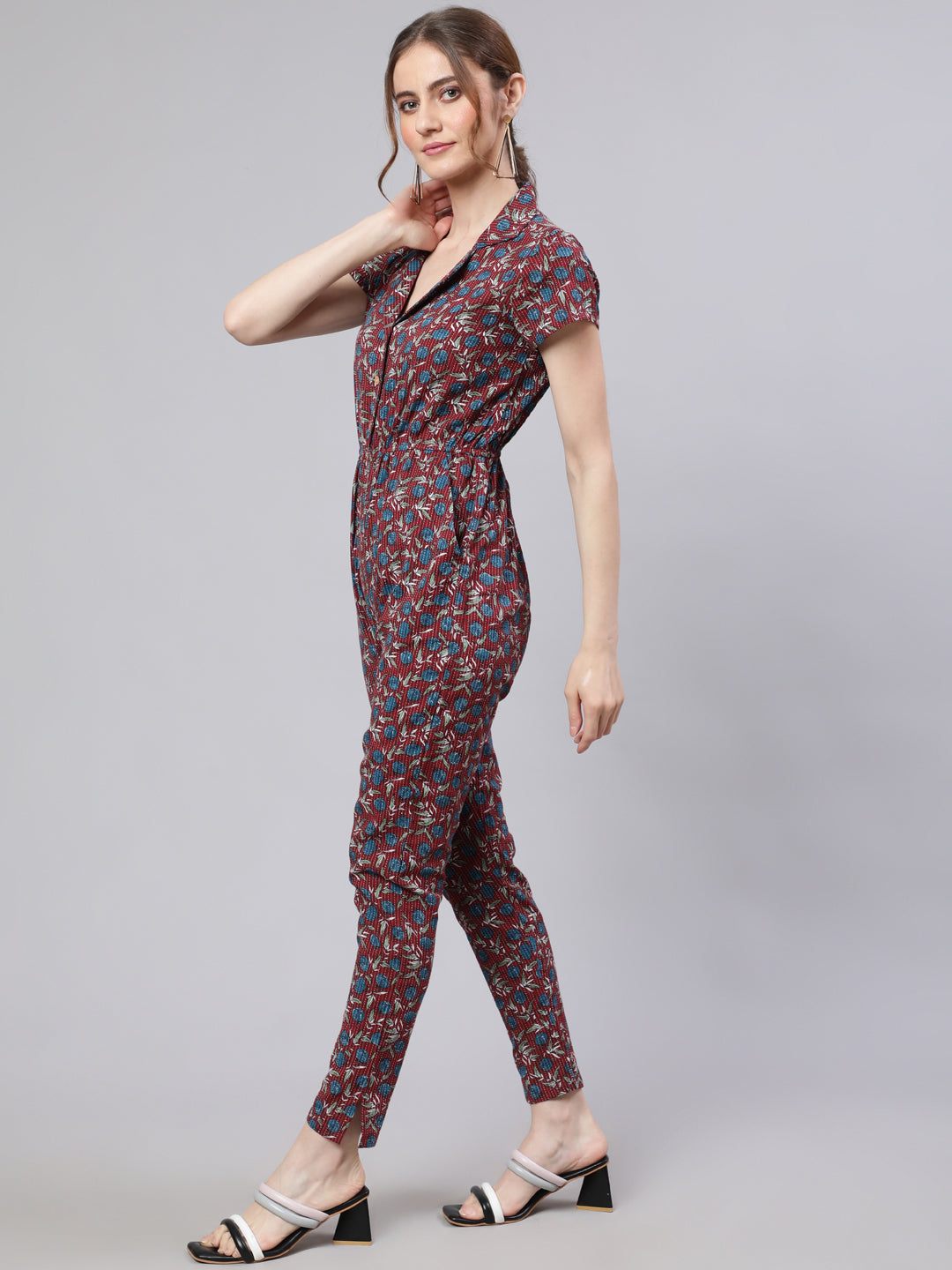 Maroon Kantha Work Jumpsuit - Elganza