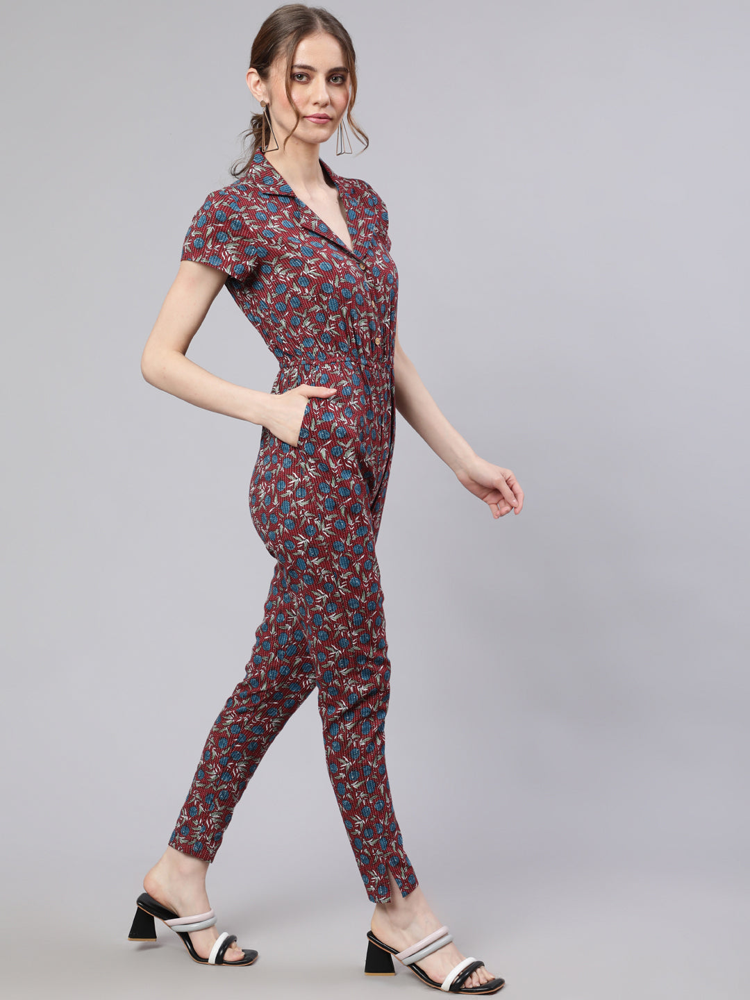 Maroon Kantha Work Jumpsuit - Elganza