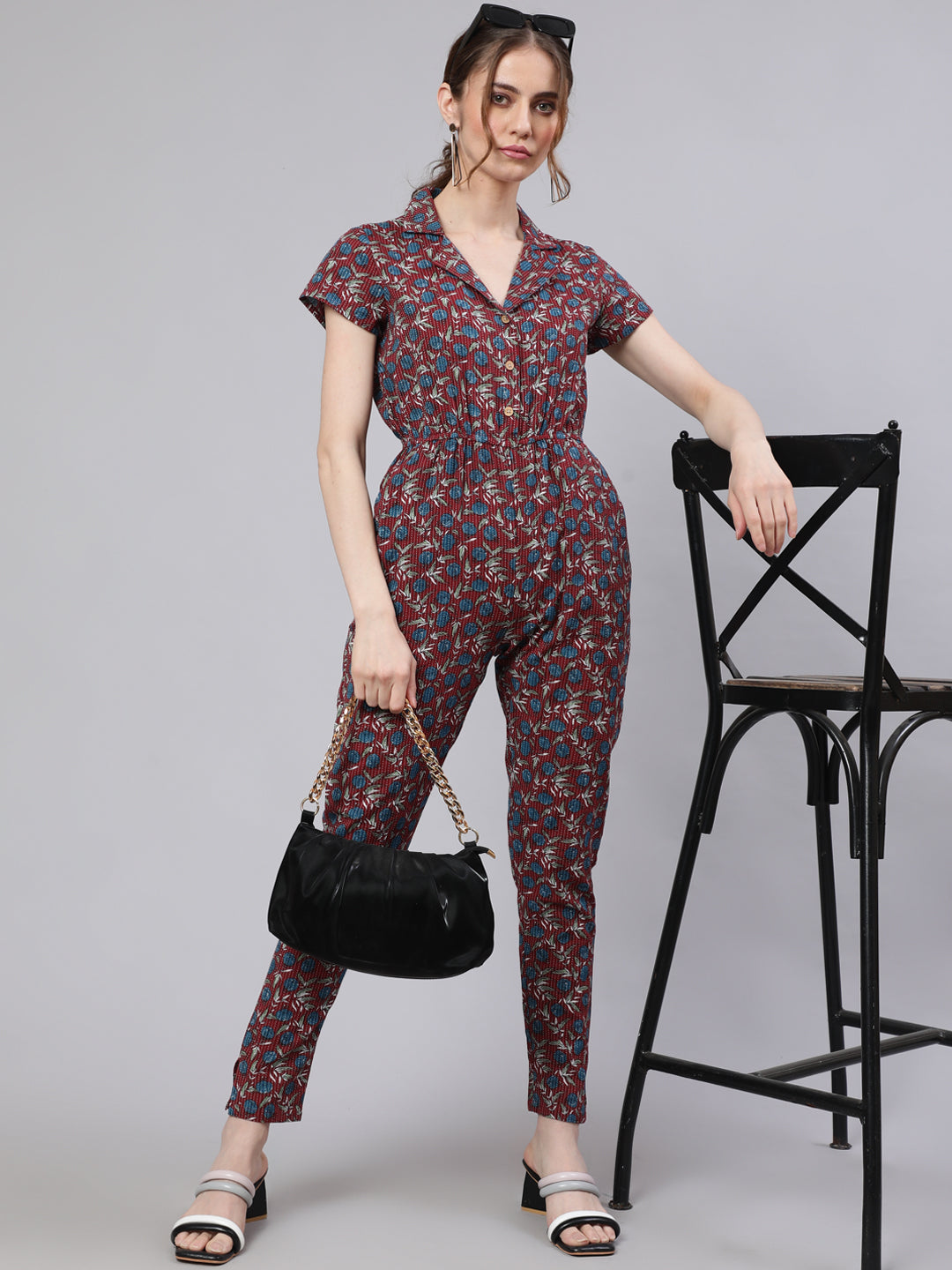 Maroon Kantha Work Jumpsuit - Elganza