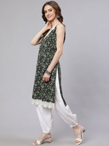 Green Kantha Work Kurta With Lace Details - Elganza