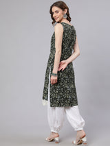 Green Kantha Work Kurta With Lace Details - Elganza