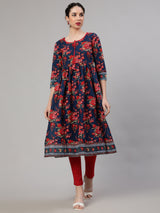 Navy Blue Floral Print Nyra-Cut Kurta - Elganza