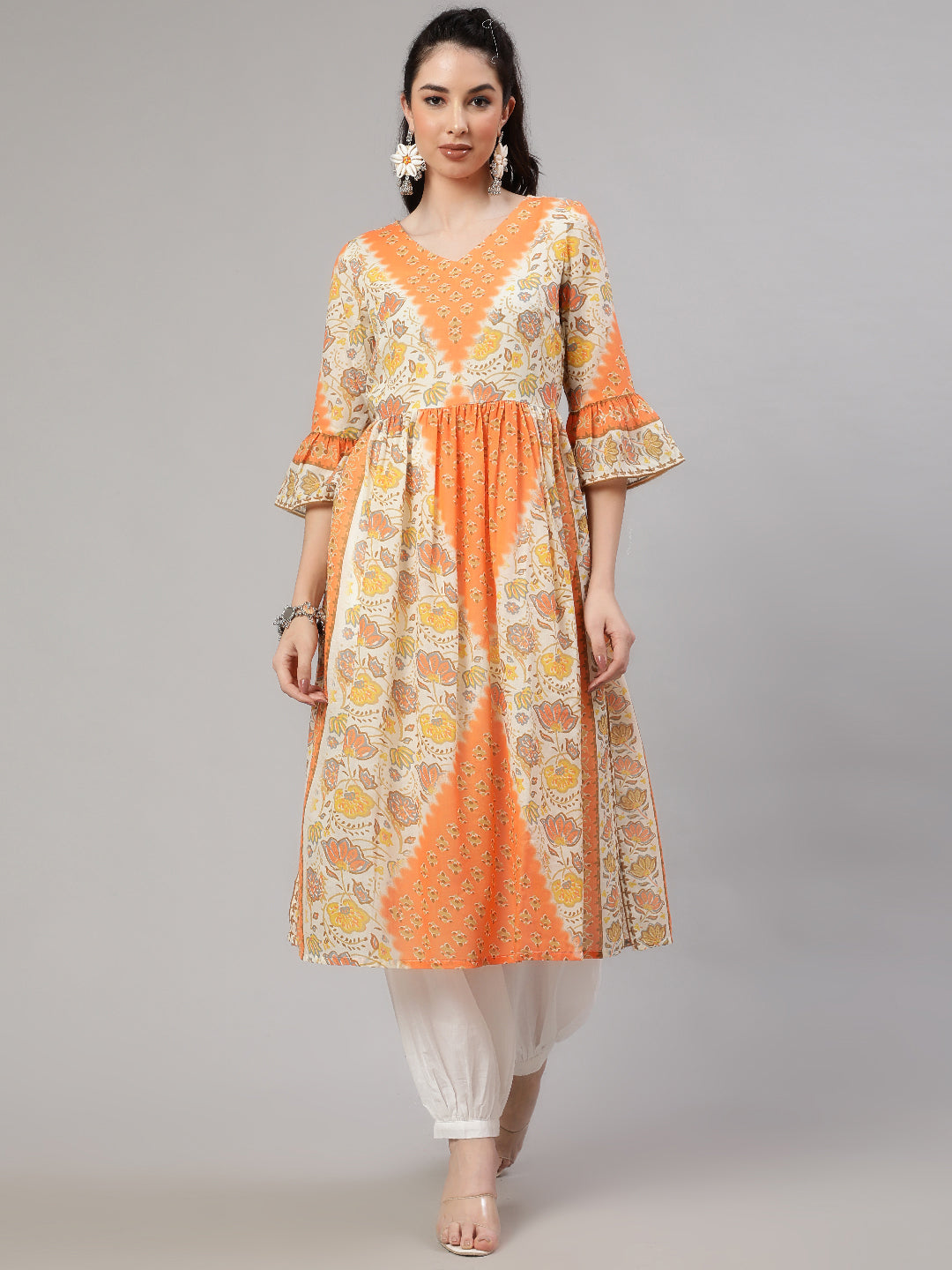 Orange Floral Print Gathered Kurta - Elganza