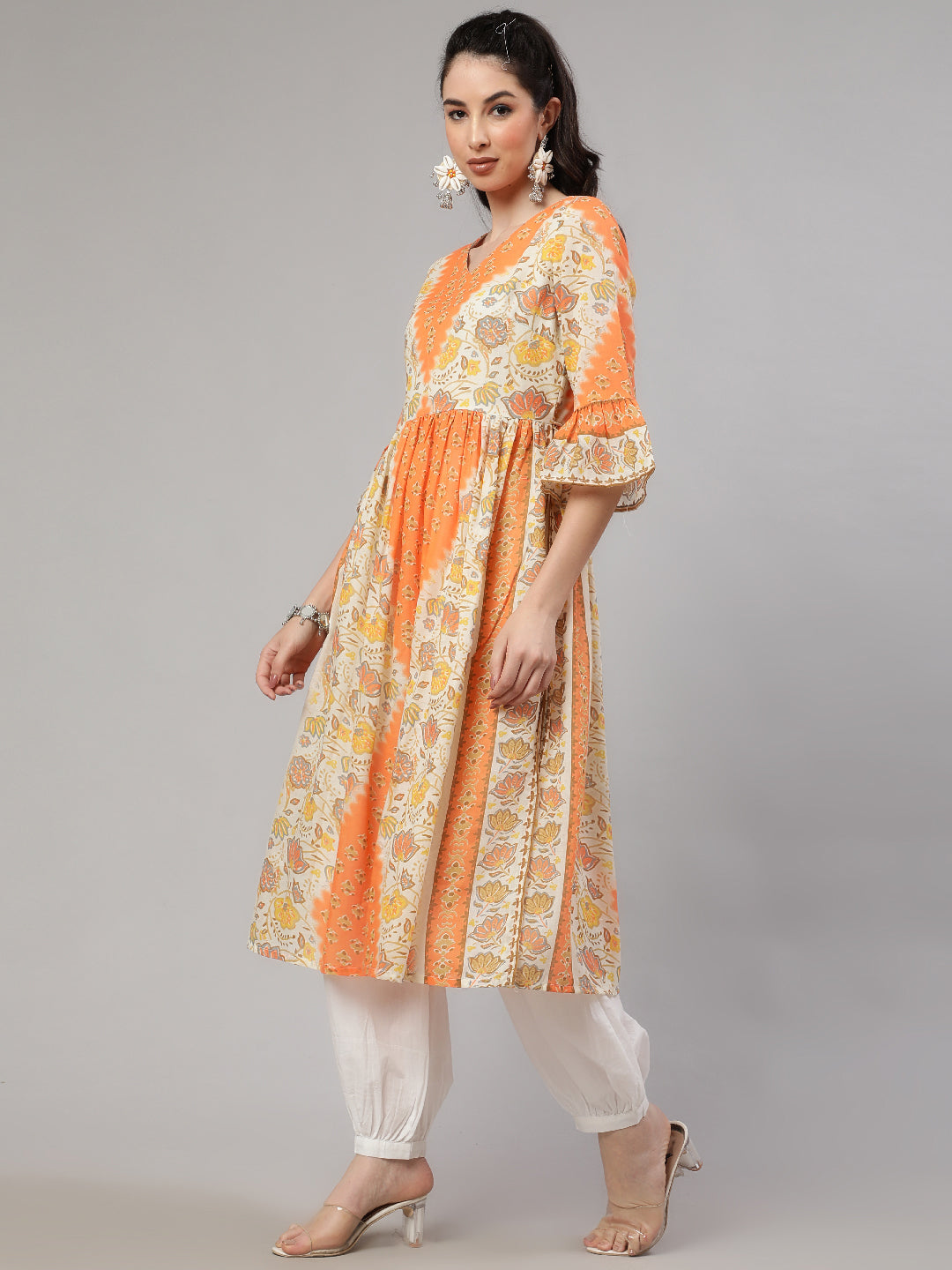 Orange Floral Print Gathered Kurta - Elganza