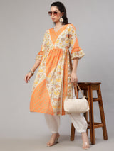 Orange Floral Print Gathered Kurta - Elganza