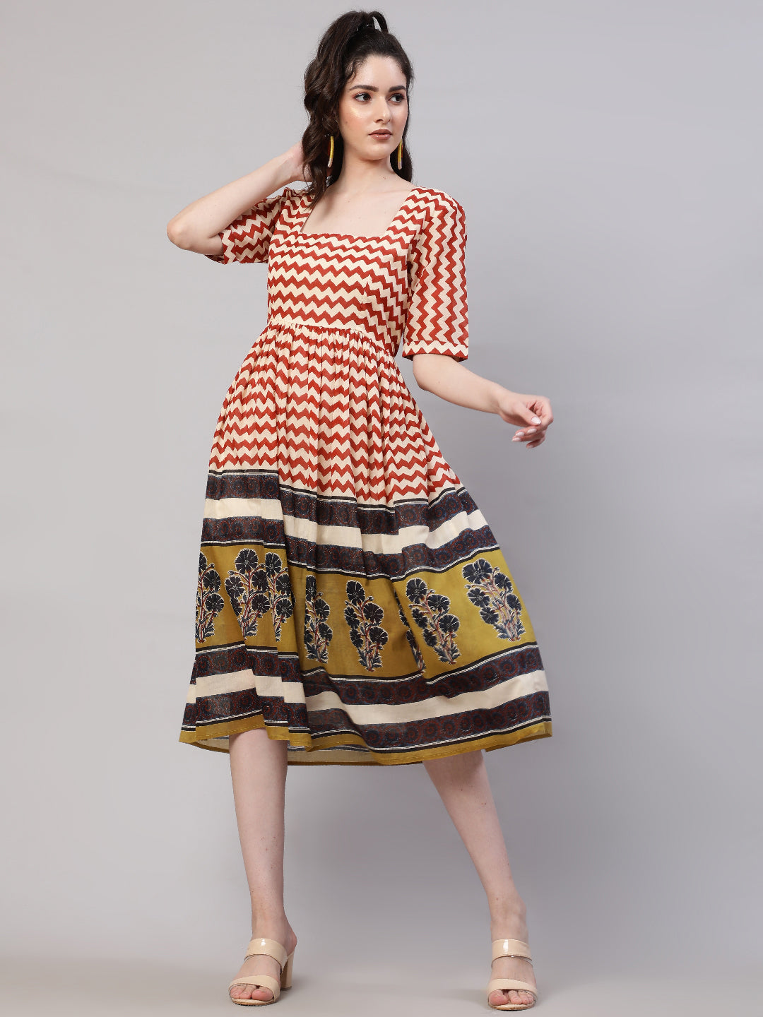 Red & Olive Chevron Print Midi Dress - Elganza