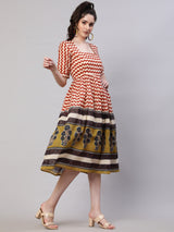 Red & Olive Chevron Print Midi Dress - Elganza