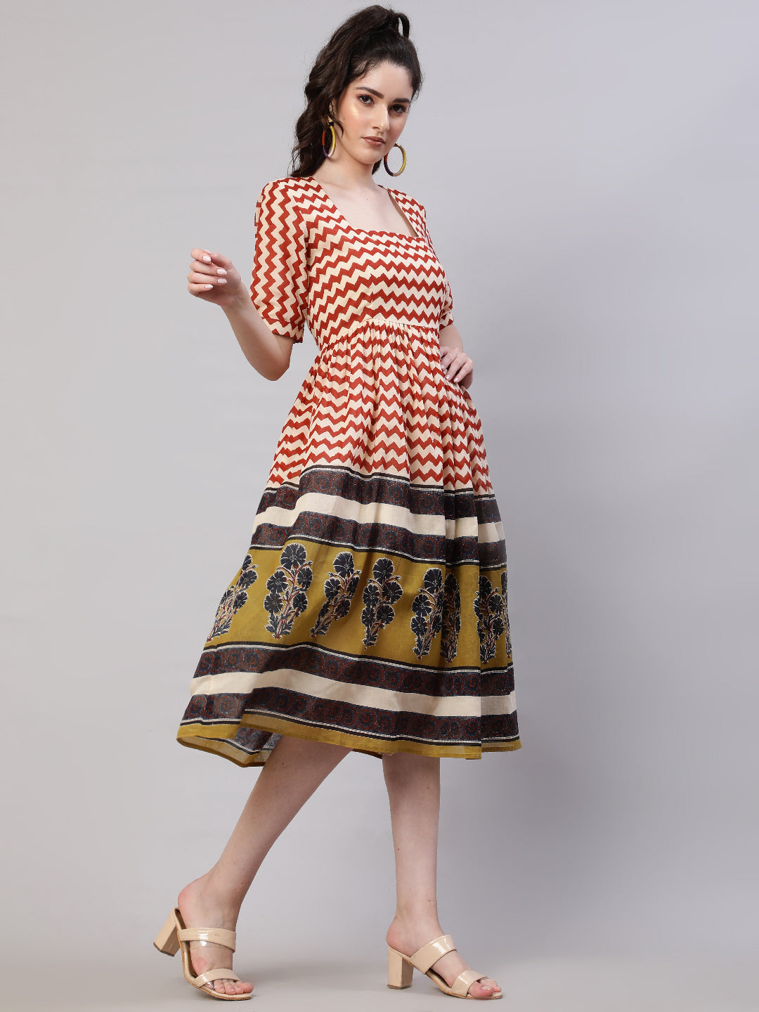 Red & Olive Chevron Print Midi Dress - Elganza
