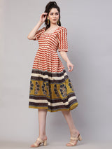 Red & Olive Chevron Print Midi Dress - Elganza