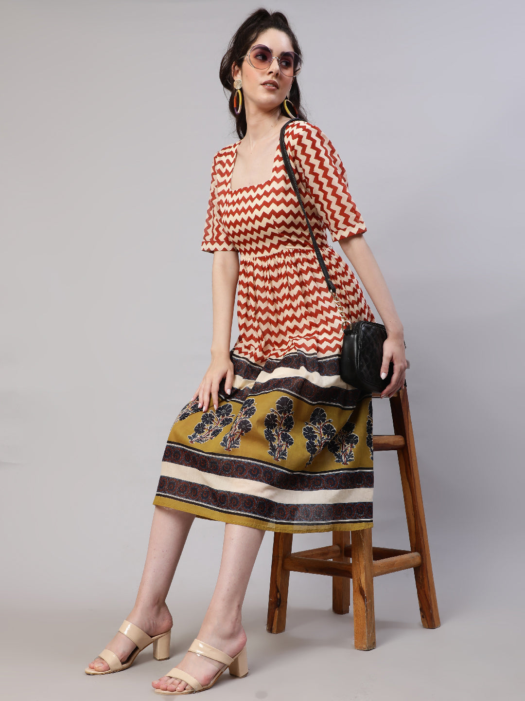 Red & Olive Chevron Print Midi Dress - Elganza