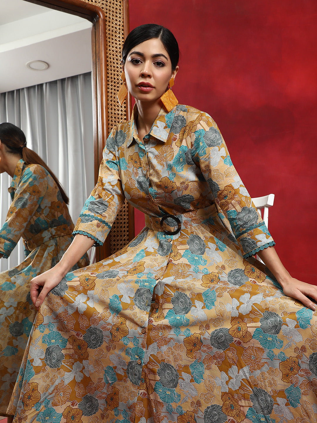 Multicolor Floral Print Button Down Dress - Elganza