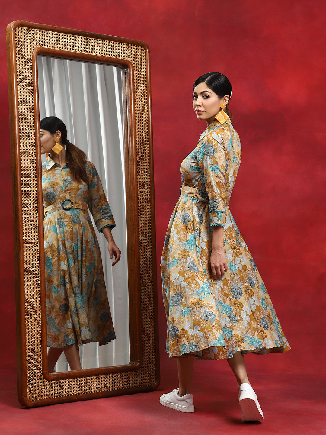 Multicolor Floral Print Button Down Dress - Elganza