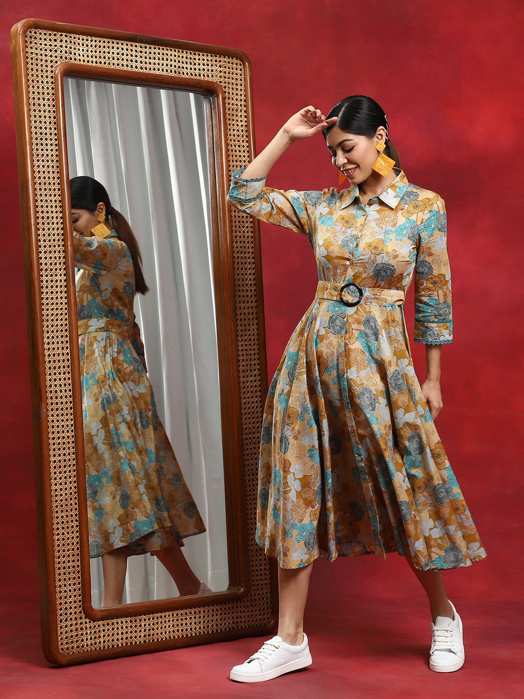 Multicolor Floral Print Button Down Dress - Elganza