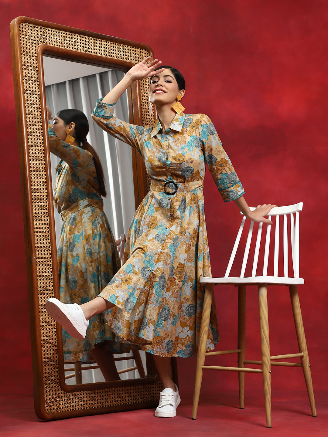 Multicolor Floral Print Button Down Dress - Elganza