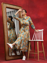 Multicolor Floral Print Button Down Dress - Elganza