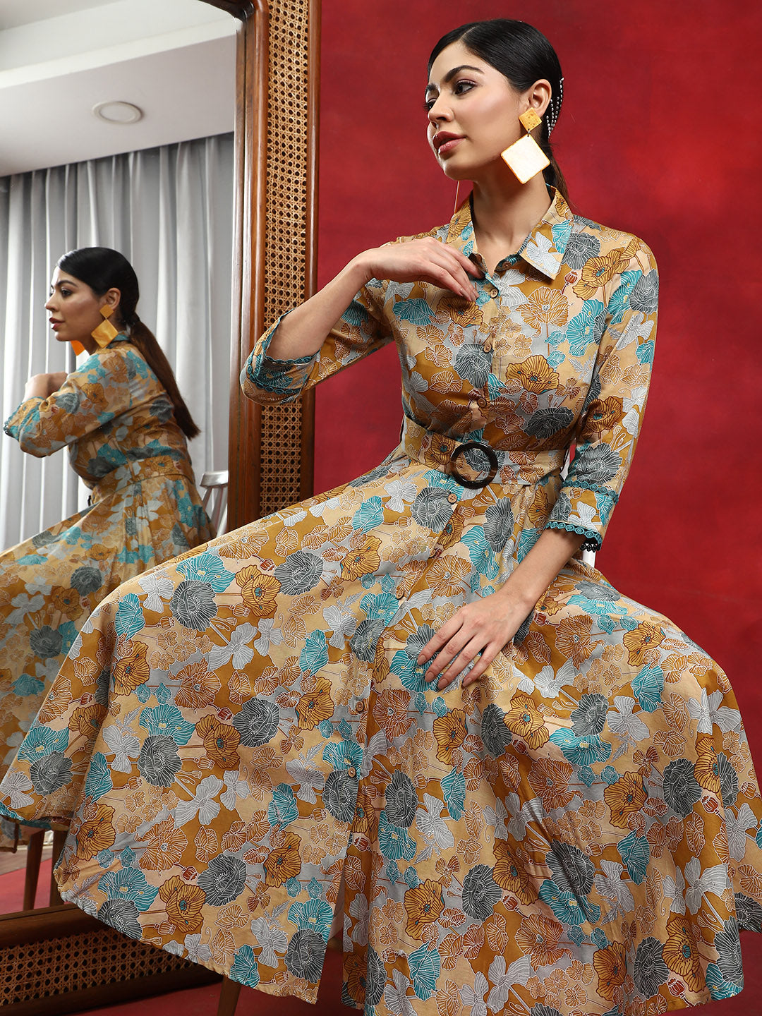 Multicolor Floral Print Button Down Dress - Elganza