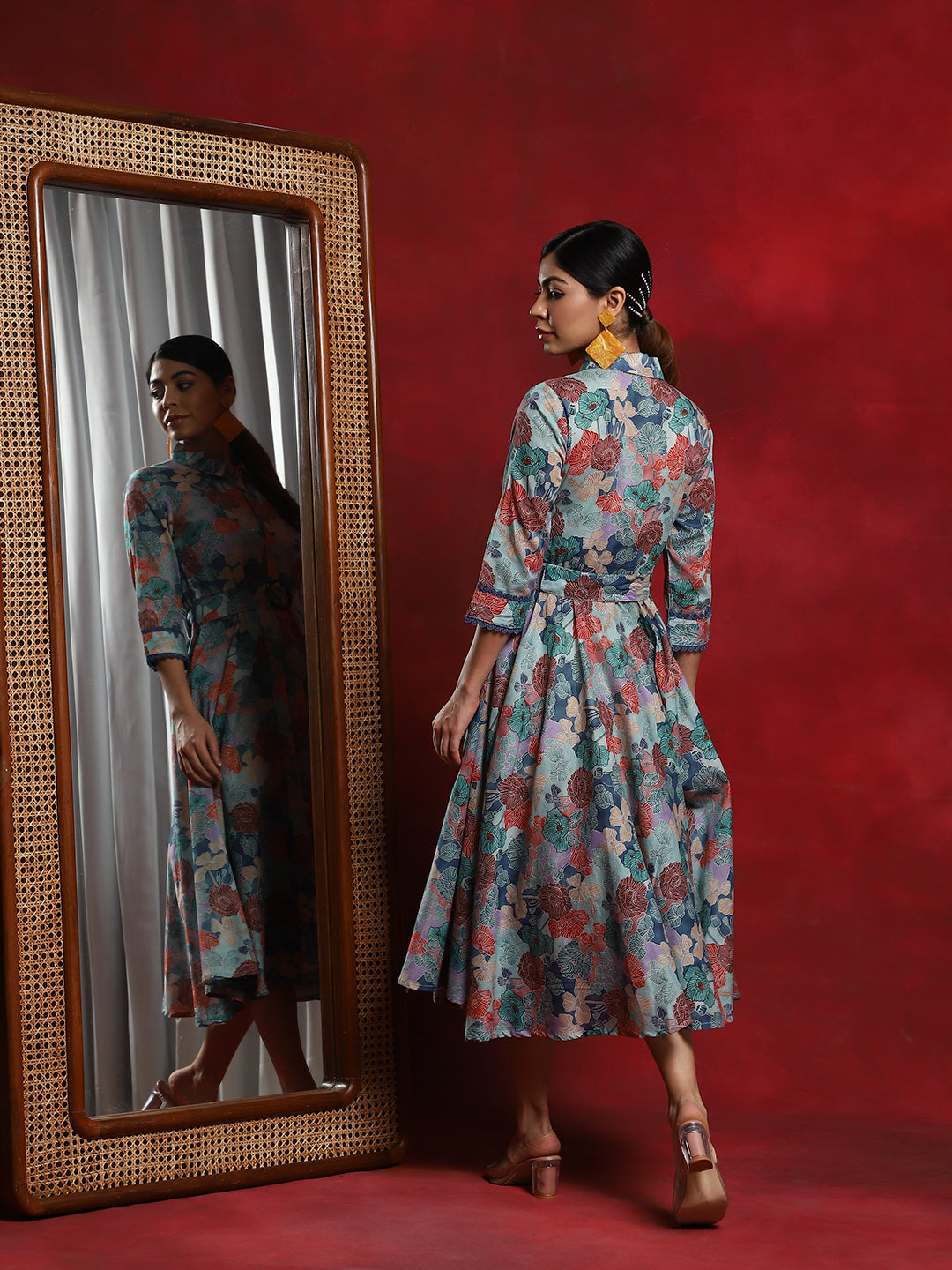 Multicolor Floral Print Button Down Dress - Elganza