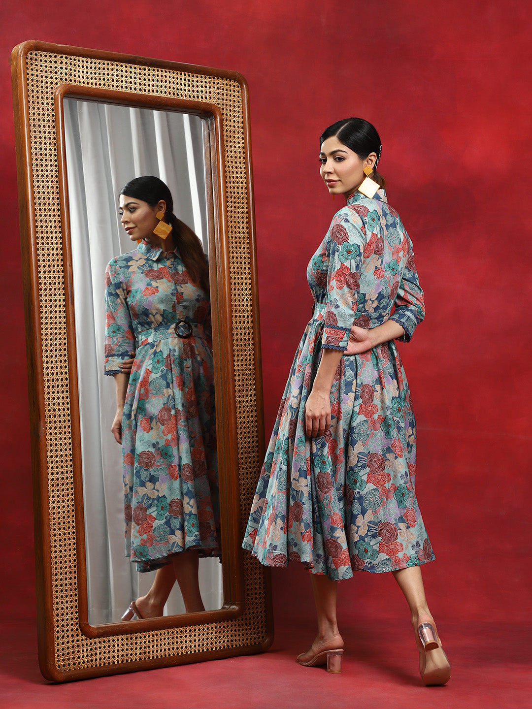 Multicolor Floral Print Button Down Dress - Elganza