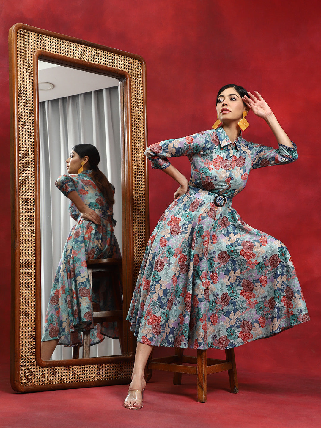 Multicolor Floral Print Button Down Dress - Elganza