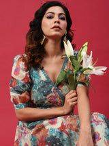 Multicolor Floral Print A-Line Dress - Elganza