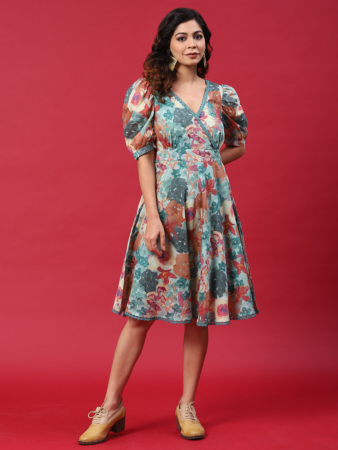 Multicolor Floral Print A-Line Dress - Elganza