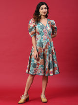 Multicolor Floral Print A-Line Dress - Elganza