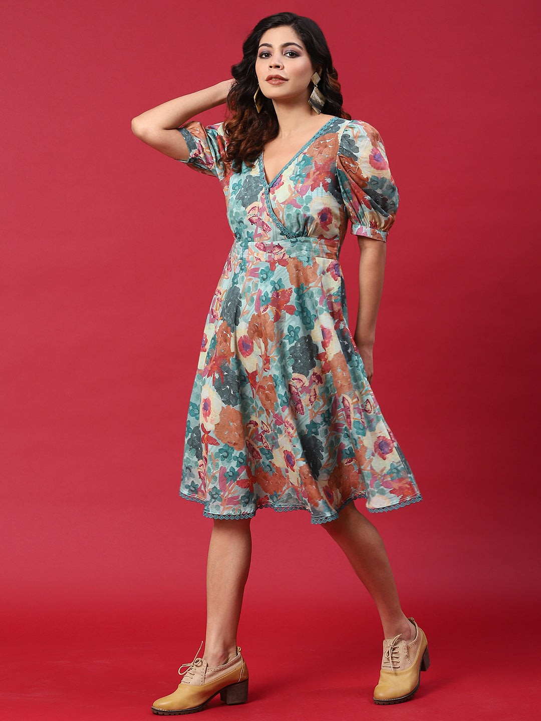 Multicolor Floral Print A-Line Dress - Elganza