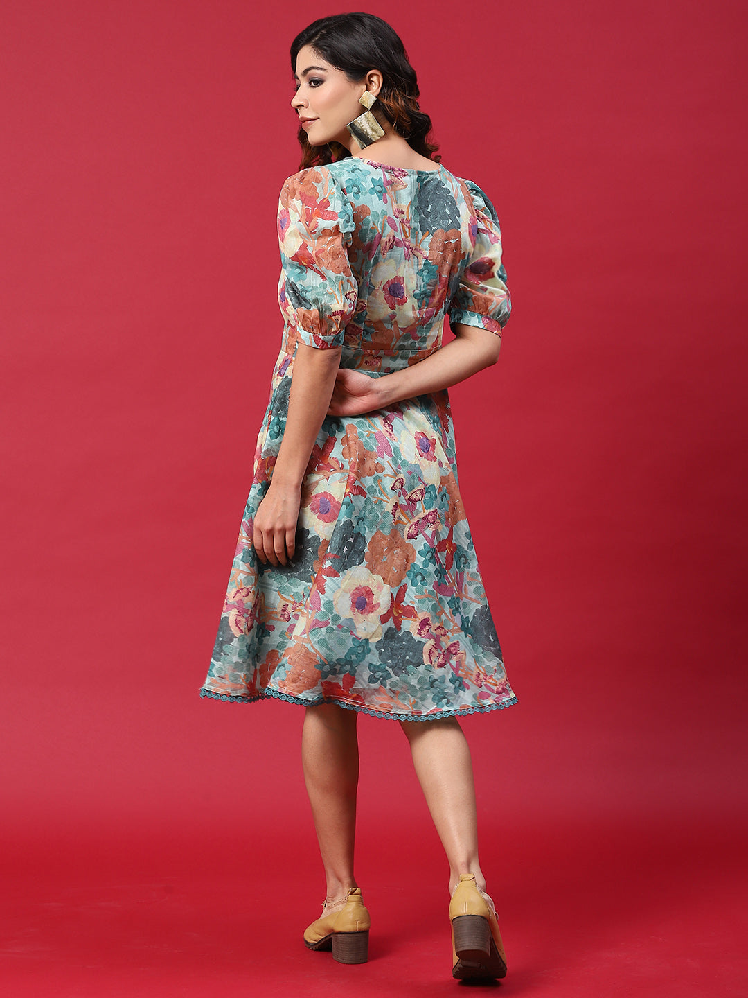 Multicolor Floral Print A-Line Dress - Elganza