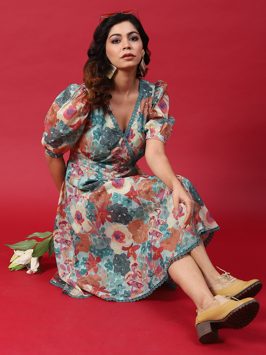 Multicolor Floral Print A-Line Dress - Elganza