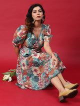 Multicolor Floral Print A-Line Dress - Elganza