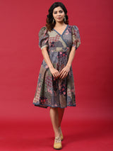 Multicolor Floral Print A-Line Dress - Elganza
