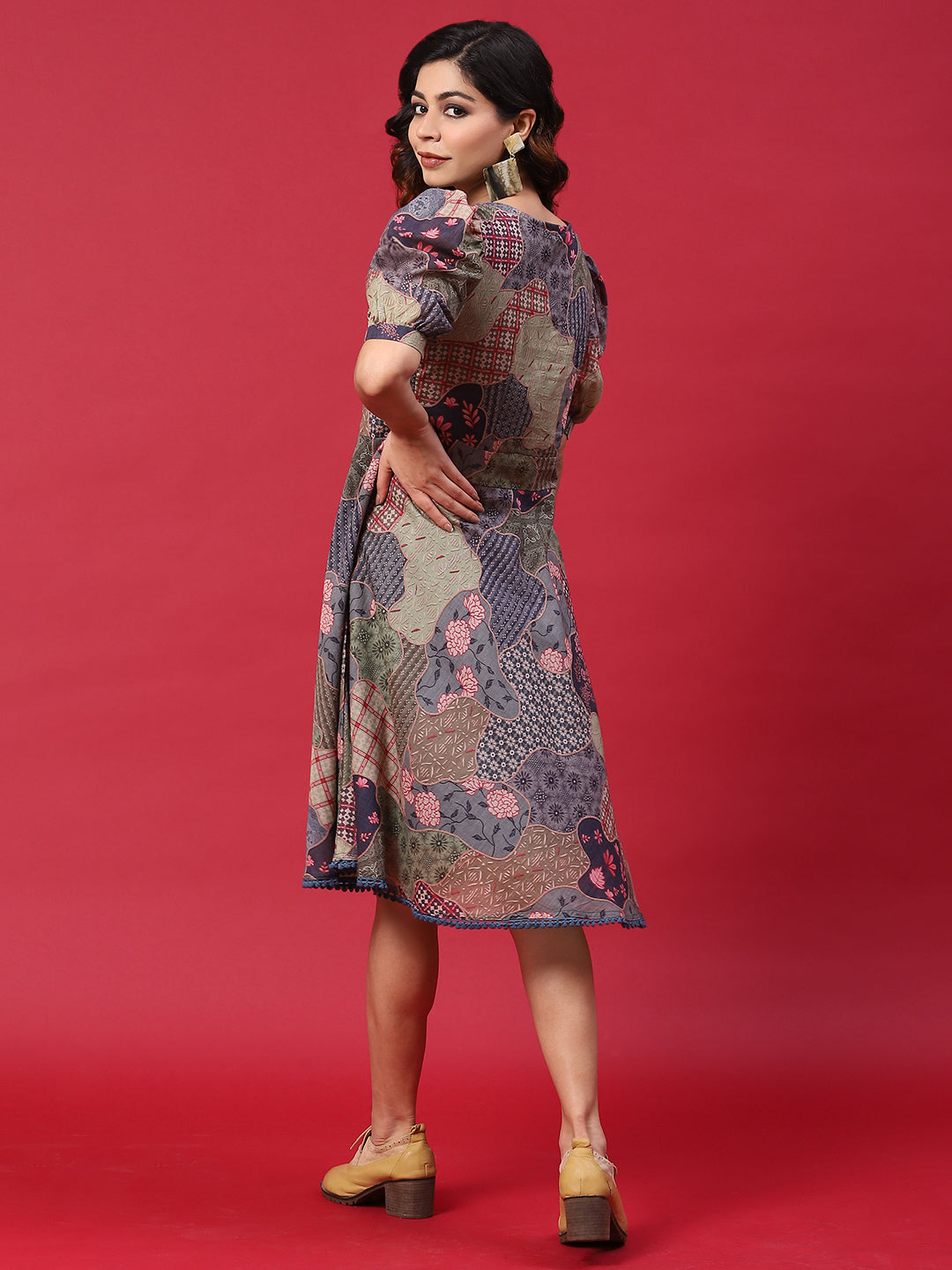 Multicolor Floral Print A-Line Dress - Elganza