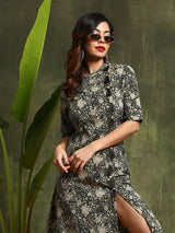 Green Floral Print Dress - Elganza