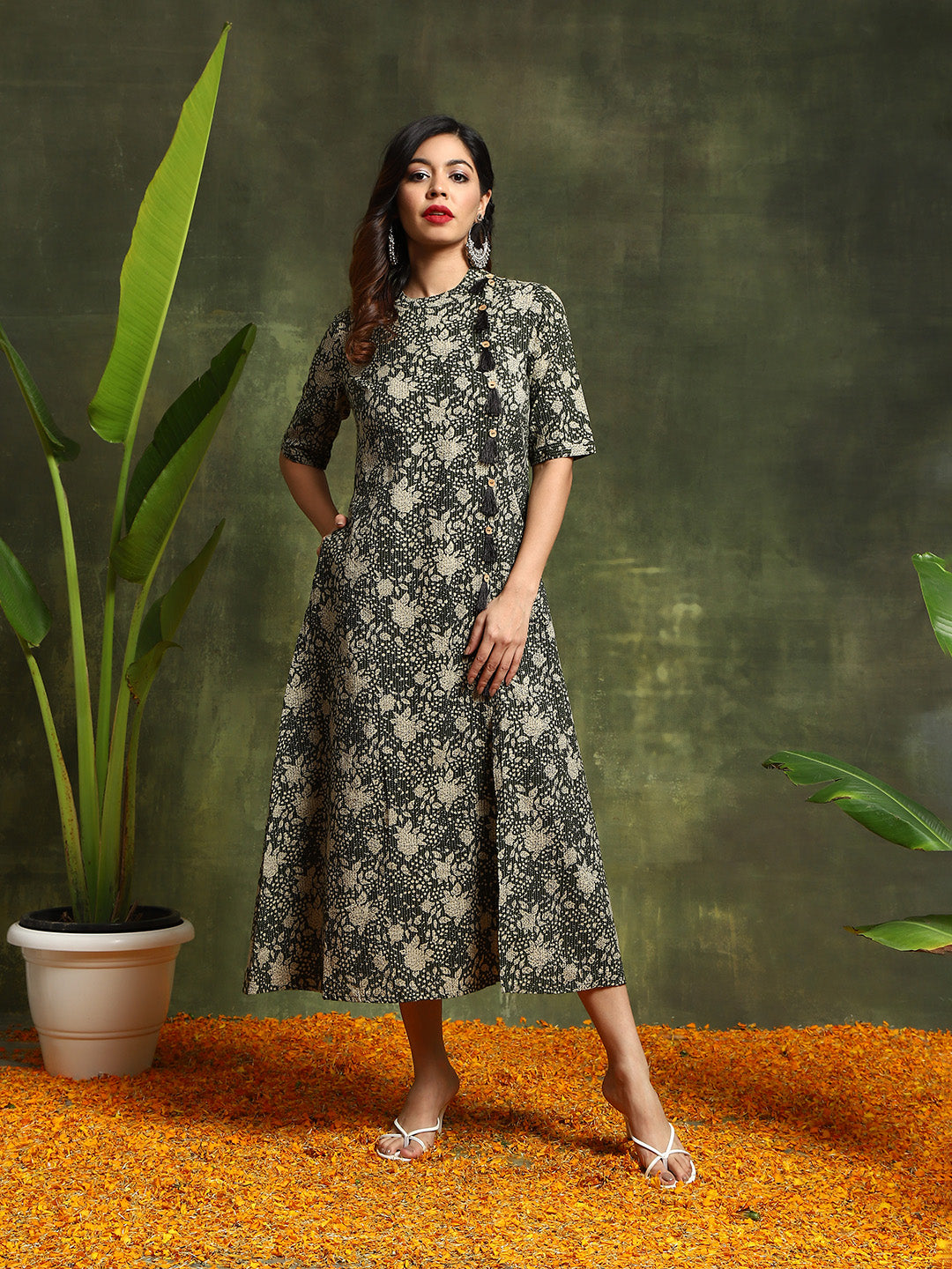 Green Floral Print Dress - Elganza
