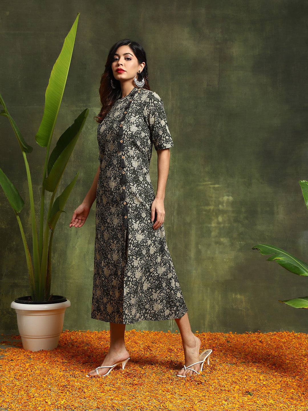 Green Floral Print Dress - Elganza