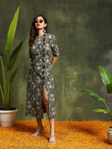 Green Floral Print Dress - Elganza
