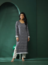Navy Blue Lace Detailed Printed Kurta - Elganza