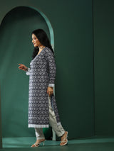 Navy Blue Lace Detailed Printed Kurta - Elganza