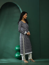 Navy Blue Lace Detailed Printed Kurta - Elganza