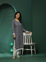 Navy Blue Lace Detailed Printed Kurta - Elganza