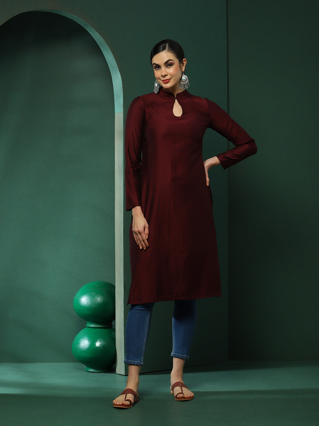 Wine Sweetheart Neck Kurta - Elganza