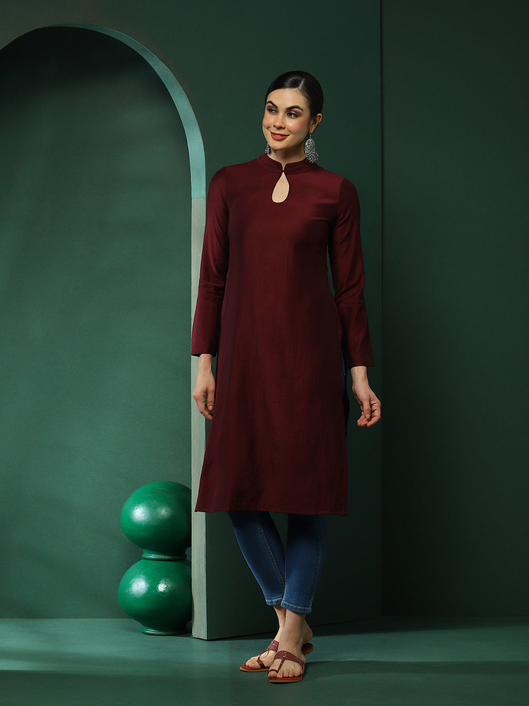 Wine Sweetheart Neck Kurta - Elganza
