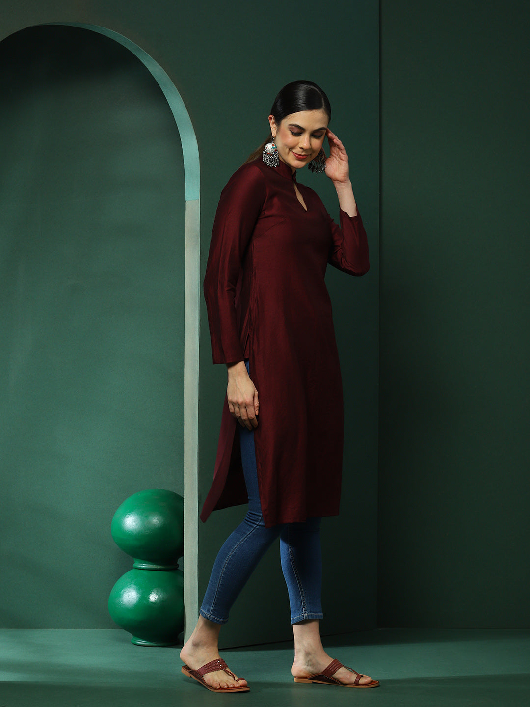 Wine Sweetheart Neck Kurta - Elganza