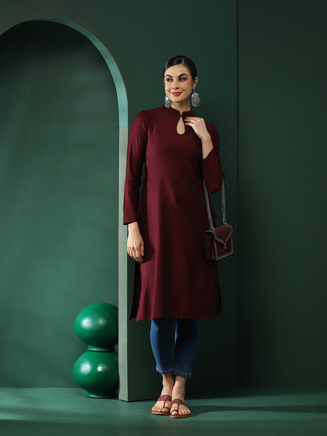 Wine Sweetheart Neck Kurta - Elganza