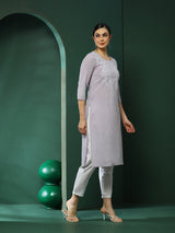 Lavender Embroidered Yoke Kurta - Elganza